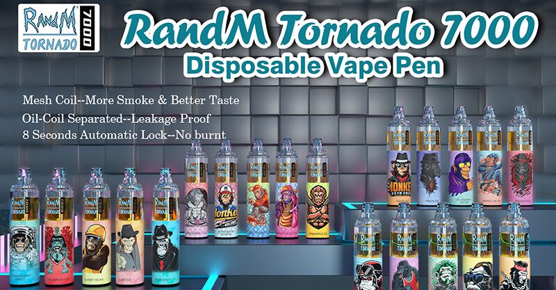 RandM Tornado 7000 disposable vapes featuring colorful character designs and displayed in multiple flavor variants