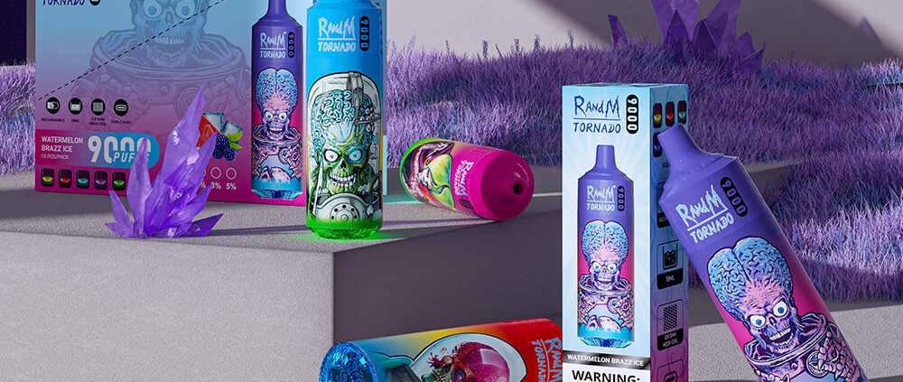 RandM Tornado 9000 disposable vapes in alien skull design, displayed with packaging in a fantasy purple crystal landscape