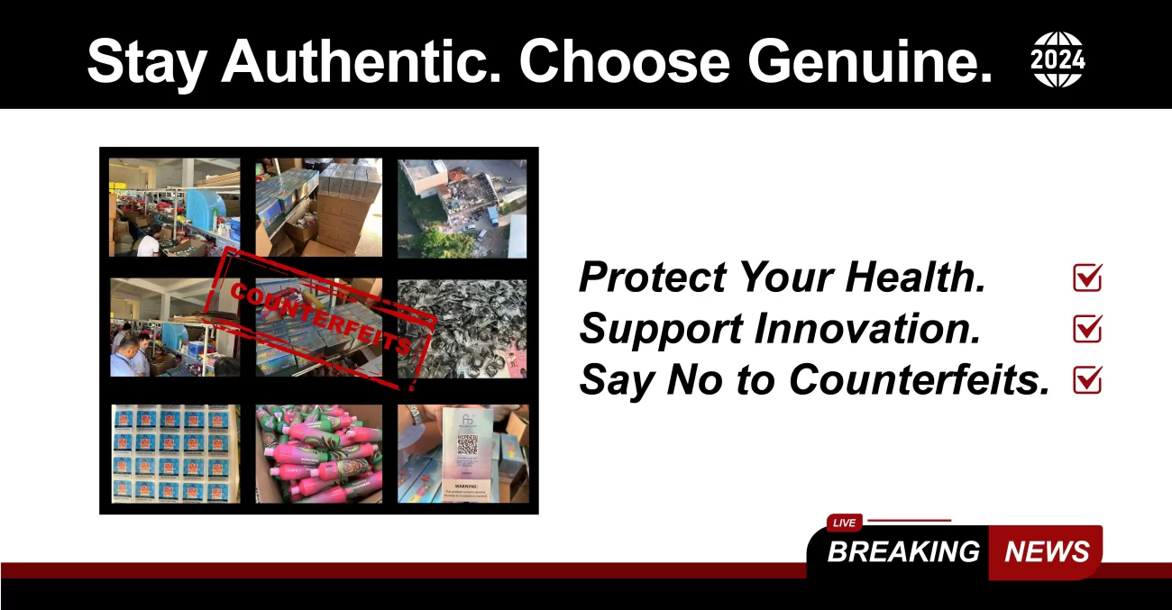 Anti-counterfeit vape warning featuring a collage of illegal manufacturing and packaging operations with the slogan “Stay Authentic. Choose Genuine.”