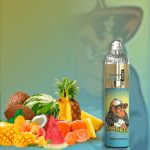 RandM Tornado 7000 Bingo Crush vape with a tropical fruit blend, featuring a playful monkey design and vibrant fruit assortment.