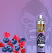 Blueberry Raspberry flavored vape device with a gaming-inspired design, featuring fresh raspberries and blueberries on a purple background.