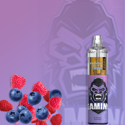 Blueberry Raspberry flavored vape device with a gaming-inspired design, featuring fresh raspberries and blueberries on a purple background.