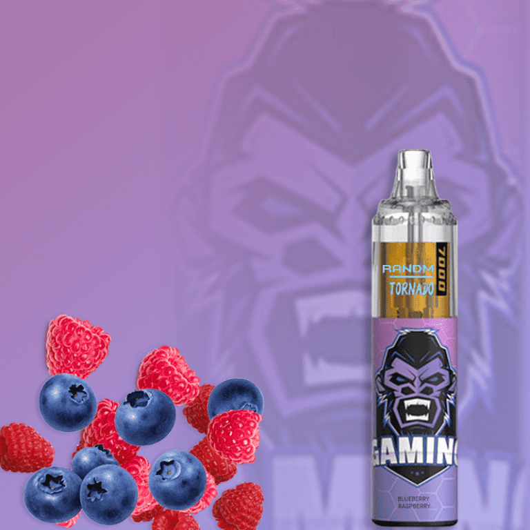 Blueberry Raspberry flavored vape device with a gaming-inspired design, featuring fresh raspberries and blueberries on a purple background.