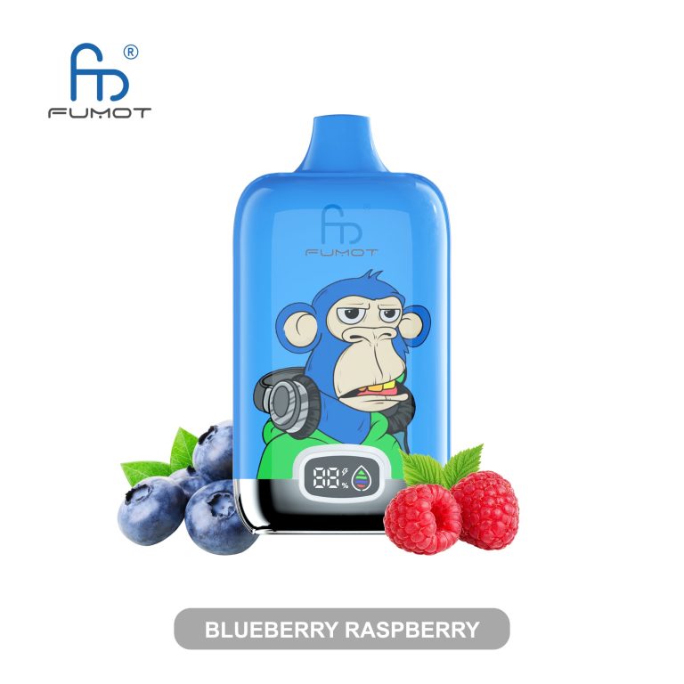 Blue RandM Fumot vape with a cartoon blue ape wearing headphones, featuring blueberry and raspberry fruits