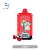 Red RandM Fumot vape with cartoon monkey wearing a yellow beanie, paired with fresh cherries