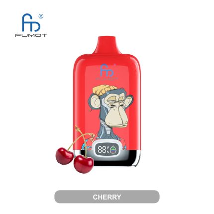 Red RandM Fumot vape with cartoon monkey wearing a yellow beanie, paired with fresh cherries