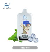White RandM Fumot vape with a cartoon monkey wearing 3D glasses, surrounded by mint leaves and ice cubes