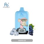 Grape Ice flavored vape featuring a playful pink monkey design, fresh grapes, and ice cubes with a cool blue background.