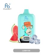 Aqua blue RandM Fumot vape with cartoon monkey in orange cap, featuring digital display, placed beside watermelon slices and ice cubes