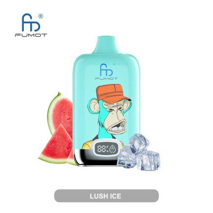 Aqua blue RandM Fumot vape with cartoon monkey in orange cap, featuring digital display, placed beside watermelon slices and ice cubes