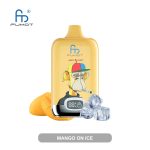 Mango on Ice flavored vape featuring a playful monkey design, fresh mango slices, and ice cubes with a vibrant yellow background.