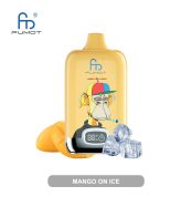 Yellow RandM Fumot vape with a colorful cap-wearing cartoon monkey design, digital puff counter, surrounded by mango slices and ice cubes