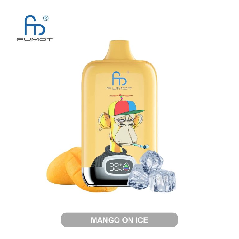 Yellow RandM Fumot vape with a colorful cap-wearing cartoon monkey design, digital puff counter, surrounded by mango slices and ice cubes