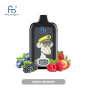 Black RandM Fumot vape featuring a captain monkey illustration with a digital display and surrounded by mixed berries