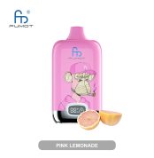 Pink RandM Fumot vape with a monkey in a cap and hoodie, featuring pink lemonade flavor and digital puff meter