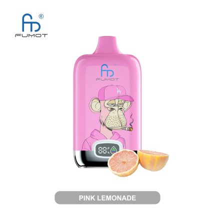 Pink RandM Fumot vape with a monkey in a cap and hoodie, featuring pink lemonade flavor and digital puff meter