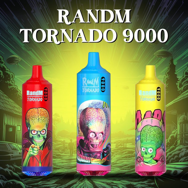 Random Tornado 9000 vape featuring alien-themed designs in vibrant red, blue, and yellow packaging. Set against a cosmic background with flavors in bright, futuristic colors.