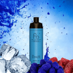 Blue RandM Shisha Berry Ice vape surrounded by ice cubes, blueberries, and raspberries with a splash background