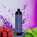 Purple RandM Shisha vape with mint, raspberries, and blackberries on a vibrant purple splash background