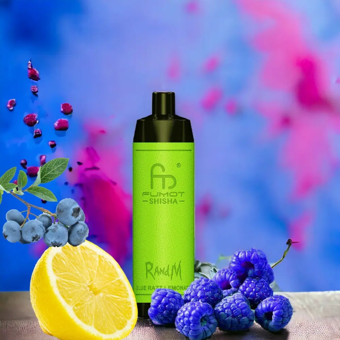 Green RandM Shisha vape with lemon, blue raspberry, and blueberry elements on a vibrant background