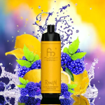 Yellow RandM Shisha disposable vape with blue raspberry and lemon splash background