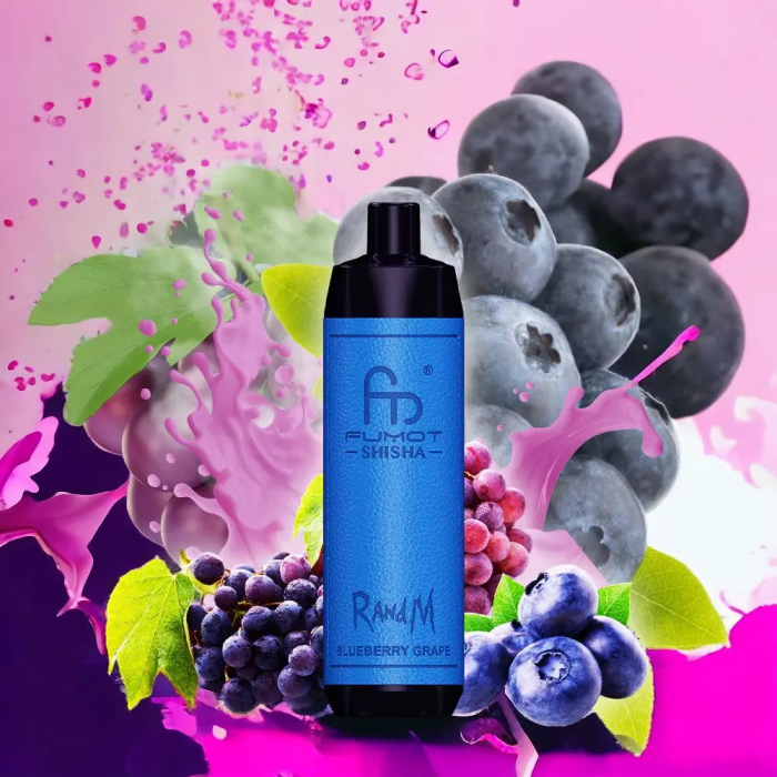 RandM Shisha Blueberry Grape disposable vape with grapes, blueberries, and colorful splash background