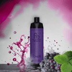 RandM Shisha Grape Mint vape device surrounded by dark grapes, mint leaves, and purple splash on white background