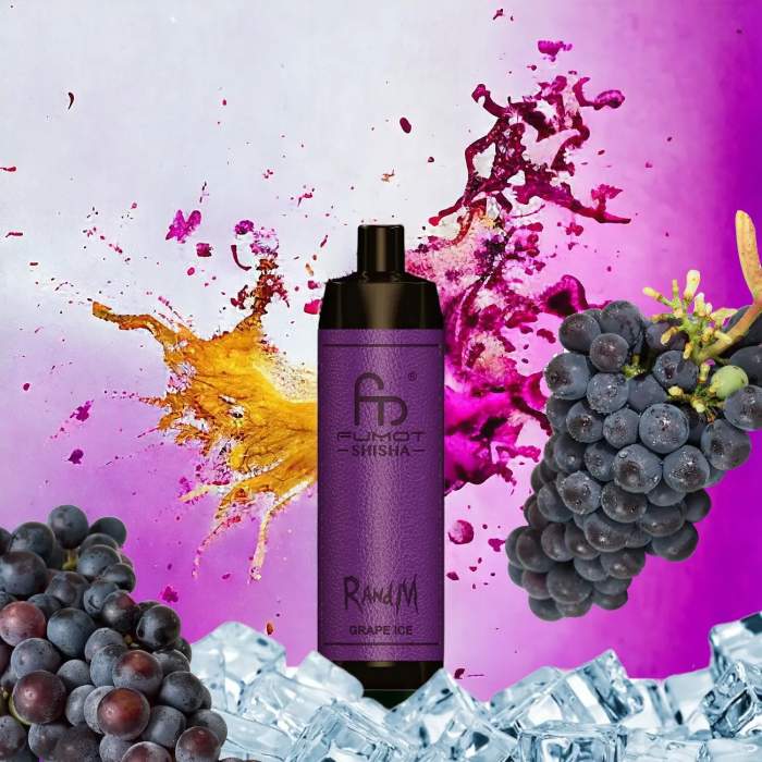 RandM Shisha Grape Ice vape with dark purple grapes, ice cubes, and colorful splash background