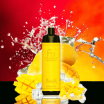 RandM Shisha Mango Ice vape surrounded by sliced mangoes and ice cubes with an orange-red splash background