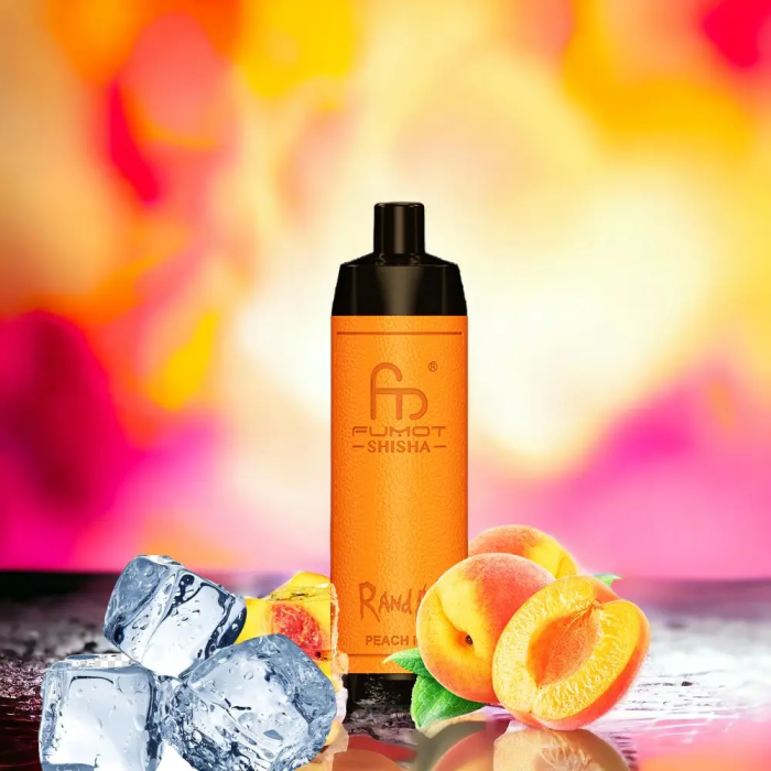 RandM Shisha Peach Ice vape device with fresh peach slices and ice cubes on a colorful fiery background