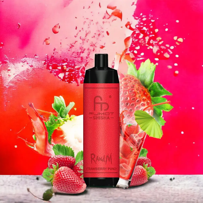 RandM Shisha Peach Ice vape device with fresh peach slices and ice cubes on a colorful fiery background