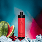RandM Shisha Watermelon Ice vape device surrounded by watermelon slices and ice cubes on a cool gradient background