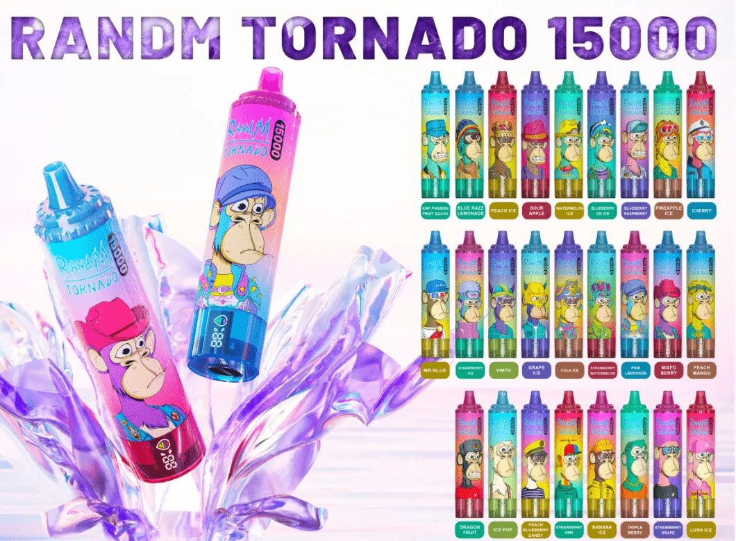 RandM Tornado 15000 vape collection with all available flavors displayed, featuring Bored Ape artwork and vibrant colors