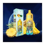 RandM Tornado 9000 yellow and blue vape with pineapple flavor packaging, featuring sliced pineapple and a cartoon alien character.