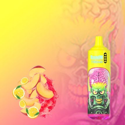 RandM Tornado 9000 yellow vape with fierce alien design, surrounded by juicy peach slices and lemon wedges, on a warm gradient background.