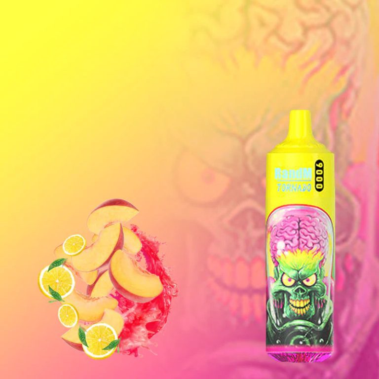 RandM Tornado 9000 yellow vape with fierce alien design, surrounded by juicy peach slices and lemon wedges, on a warm gradient background.