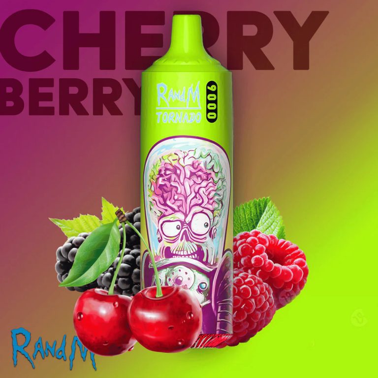 RandM Tornado 9000 puff vape in green with cartoon alien design, surrounded by cherries, raspberries, and blackberries on a colorful background
