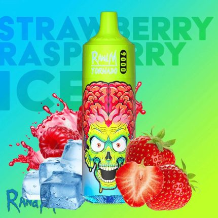 RandM Tornado 9000 green vape with colorful alien brain design, surrounded by strawberries, raspberries, and ice cubes