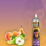 RandM Tornado 7000 Apple Peach Pear vape with fresh apples, peaches, and pears on a sunset gradient background.