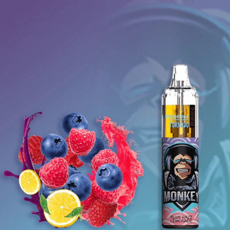 RandM Tornado 7000 disposable vape in Blue Razz Lemonade flavor with blueberries, raspberries, lemon slices and splash effects on a purple-blue gradient background