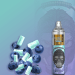 RandM Tornado 7000 Blueberry Bubblegum vape with fresh blueberries and minty bubblegum pieces on a teal to lavender background.