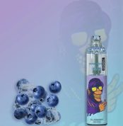 Blueberry flavored vape with a cool icy twist, featuring a fun, purple-themed design with a cartoon character and fresh blueberries and ice cubes.