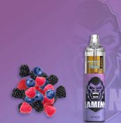 RandM 7000 Mr. Blue flavor with a gorilla mascot and a mix of blueberries, blackberries, and raspberries.