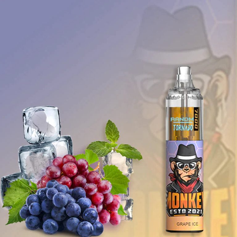 RandM Tornado 7000 disposable vape in Grape Ice flavor with red and purple grapes, mint leaves, and ice cubes on a pastel gradient background