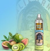 Kiwi, Passion Fruit, and Guava flavored vape with a bold California-themed design, featuring fresh fruits and green leaves.