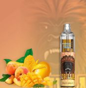 RandM Tornado 7000 Peach Mango vape with sliced mangoes, peaches, and mint leaves on an orange background