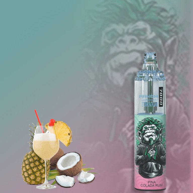 RandM Tornado 7000 Pina Colada Rum vape beside fresh pineapple, coconut, and a pina colada cocktail on a tropical gradient background