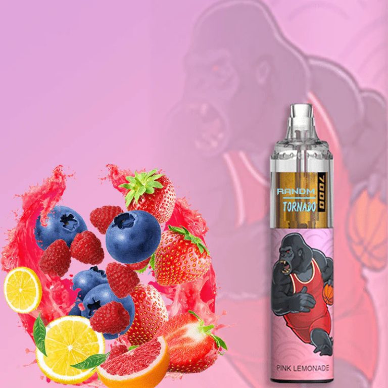 RandM Tornado 7000 Pink Lemonade vape with strawberries, blueberries, raspberries, lemon, and grapefruit on a pink background