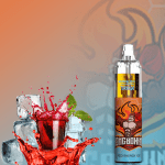 RandM Tornado 7000 vape with Red Energy Ice flavor, featuring a muscular longboxer design and splashes of red energy drink with ice cubes.