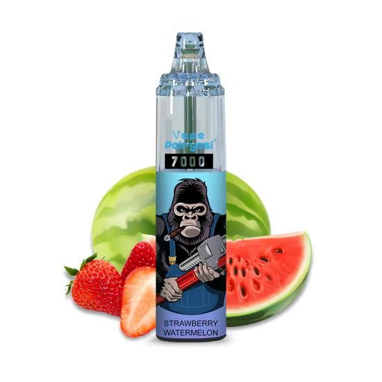 RandM 7000 Strawberry Watermelon flavor with a cool gorilla mascot and fresh fruit backdrop of strawberry and watermelon.